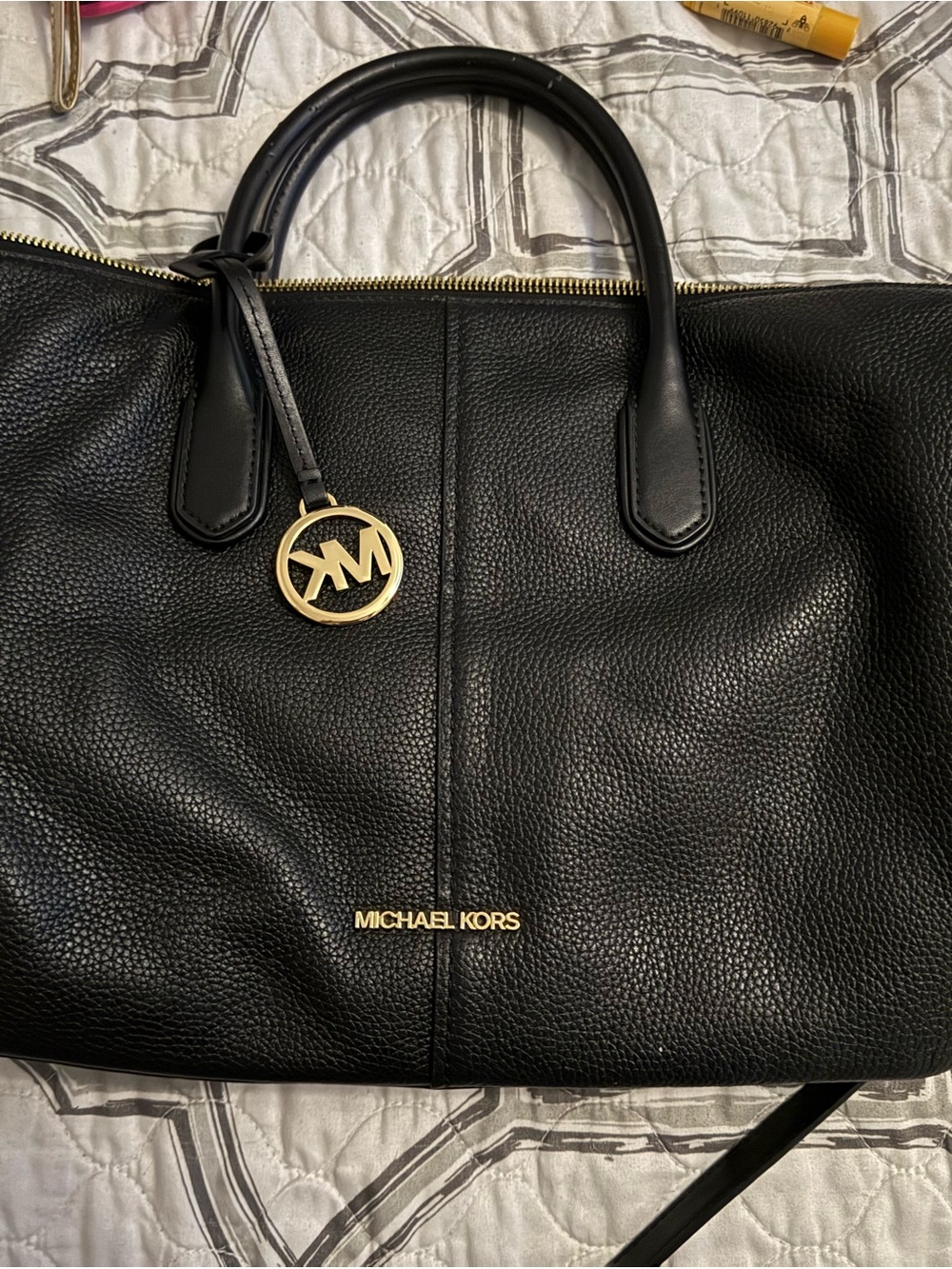Michael Kors Black Leather Laptop Tote with Gold Hardware